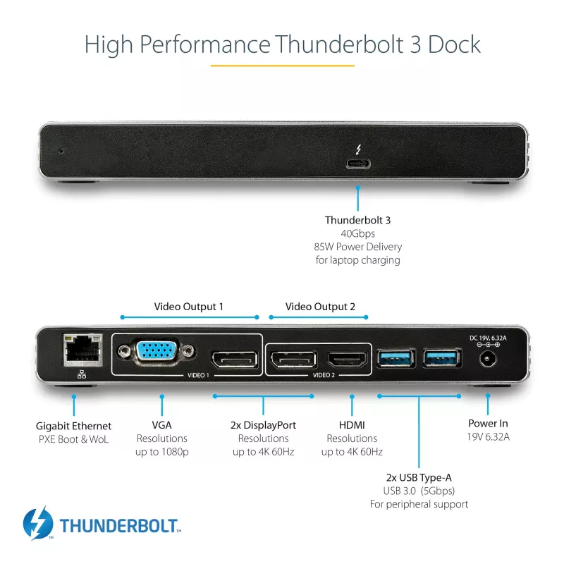 StarTech.com Thunderbolt 3 dokk – kahe 4K 60 Hz monitoriga TB3 sülearvuti dokkimisjaam DisplayPorti, HDMI ja 1080p VGA-ga – 85 W toiteedastus ja laadimine – 2x USB-A, Ethernet – Mac ja Windows