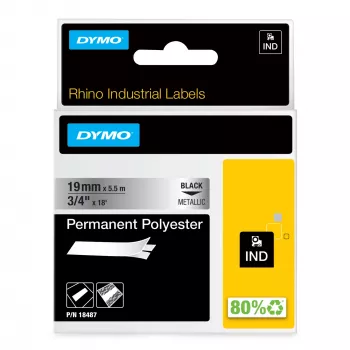 DYMO Rhino Industrial püsivad polüestersildid | 19 mm x 5,5 m | must trükk metallikul | isekleepuv | Rhino ja LabelManager sildivalmistajatele
