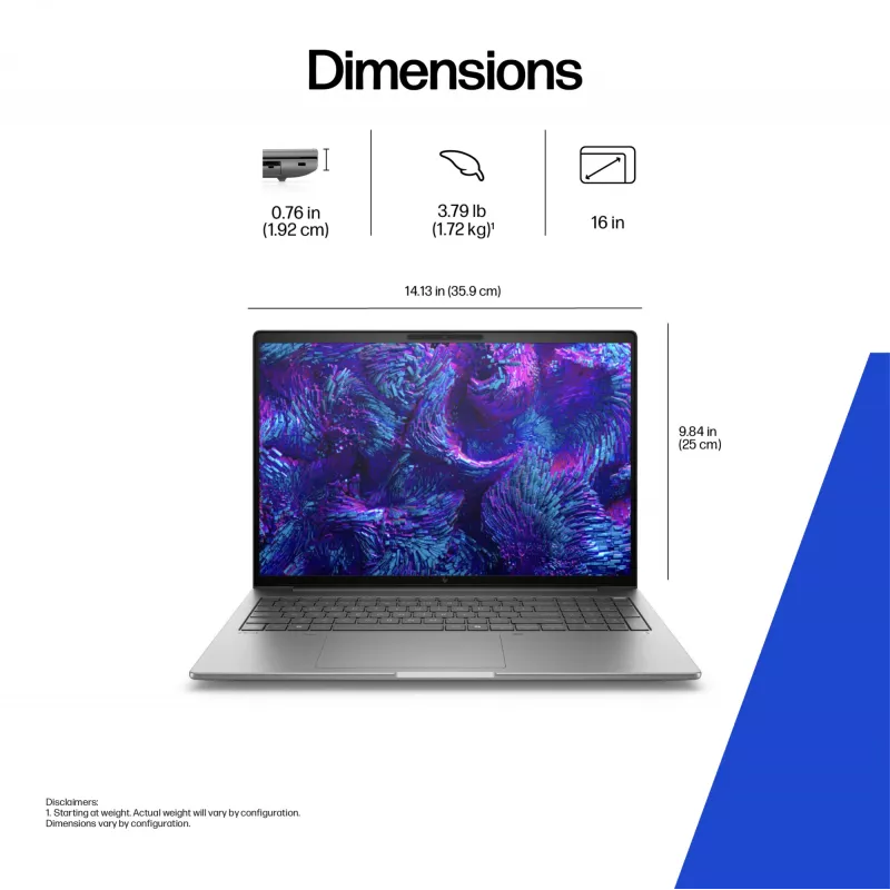 HP ZBook 8 G1i 16-tolline mobiilne tööjaam, Intel Core Ultra 7 255H, 32GB, 1TB SSD, NVIDIA RTX 500 Ada 4GB, Windows 11 Pro