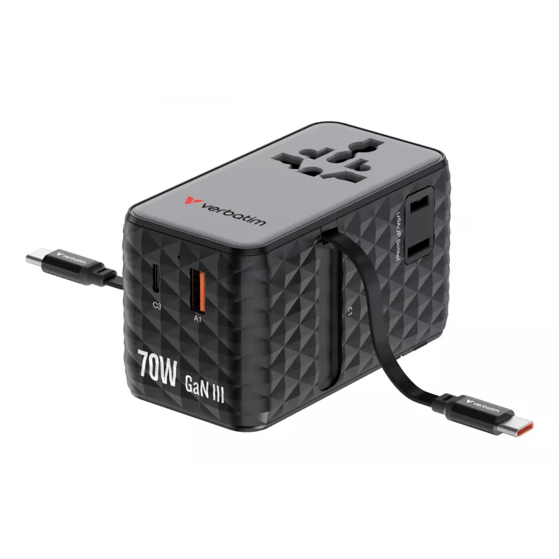 Verbatim Charge 'n' Travel 70W 2C sissetõmmatav universaalne reisiadapter Must
