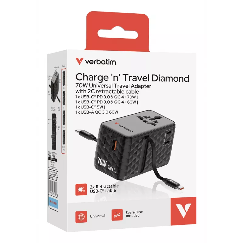 Verbatim Charge 'n' Travel 70W 2C sissetõmmatav universaalne reisiadapter Must