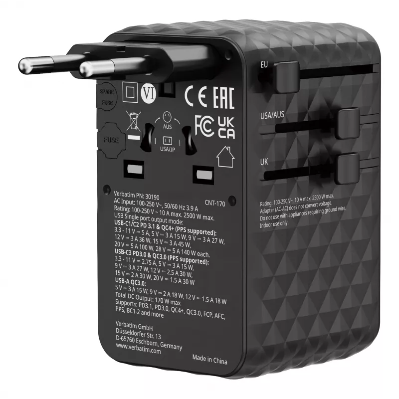 Verbatim Charge 'n' Travel 170W universaalne reisiadapter must