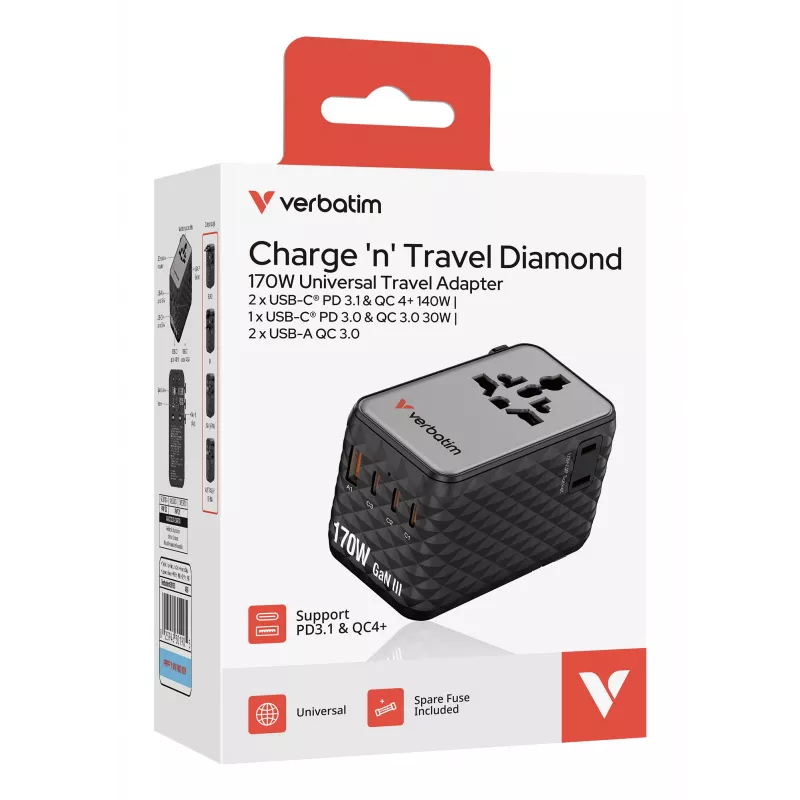 Verbatim Charge 'n' Travel 170W universaalne reisiadapter must