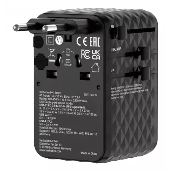 Verbatim Charge 'n' Travel 100W universaalne reisiadapter sissetõmmatava kaabliga, must