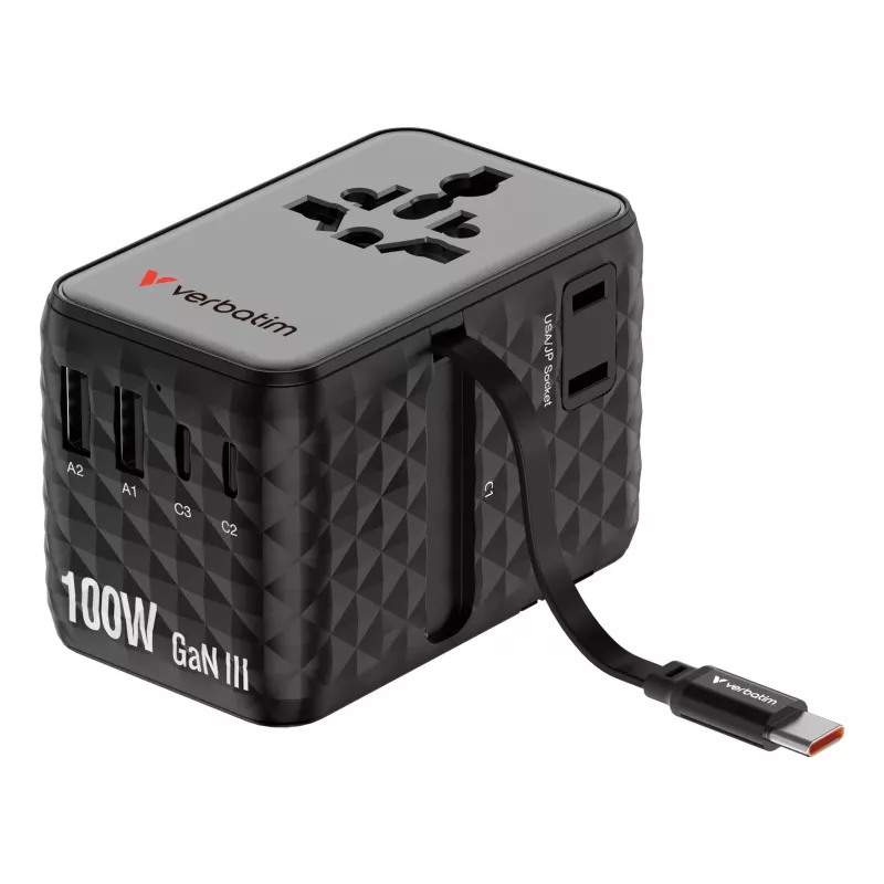 Verbatim Charge 'n' Travel 100W universaalne reisiadapter sissetõmmatava kaabliga, must