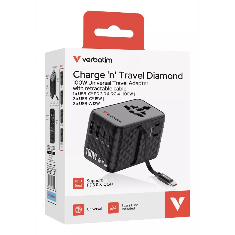 Verbatim Charge 'n' Travel 100W universaalne reisiadapter sissetõmmatava kaabliga, must
