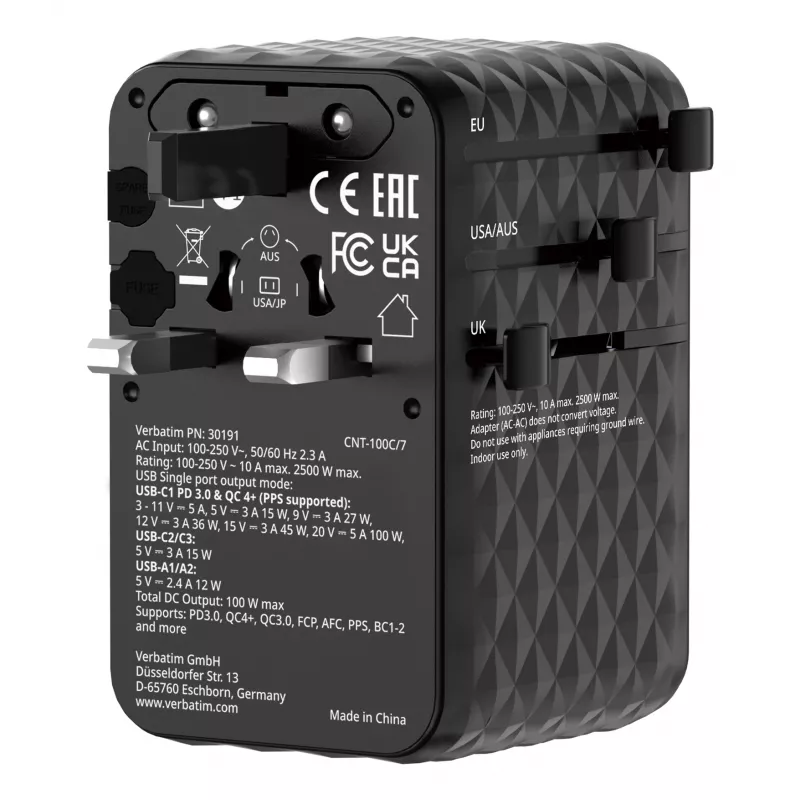 Verbatim Charge 'n' Travel 100W universaalne reisiadapter sissetõmmatava kaabliga, must