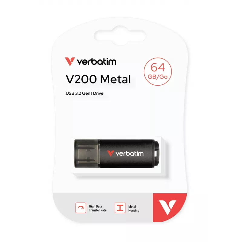 Verbatim V200 Metal USB-mälupulk 64 GB, 64 GB, USB Type-A, 3.2 Gen 1 (3.1 Gen 1), 200 MB/s, kork, must