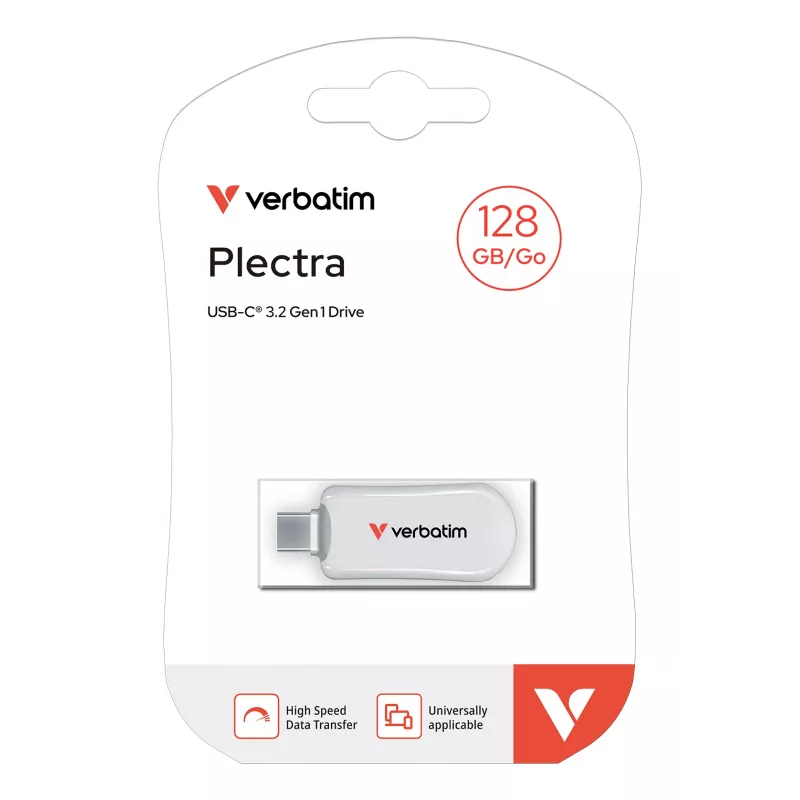 Verbatim Plectra USB-C mälupulk valge 128 GB, 128 GB, USB-tüüp C, 3.2 Gen 1 (3.1 Gen 1), 100 MB/s, korgita, valge