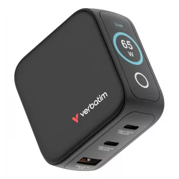 Verbatim Mini GaN laadija 65W ekraaniga, sisetingimustesse, AC, 20 V, must