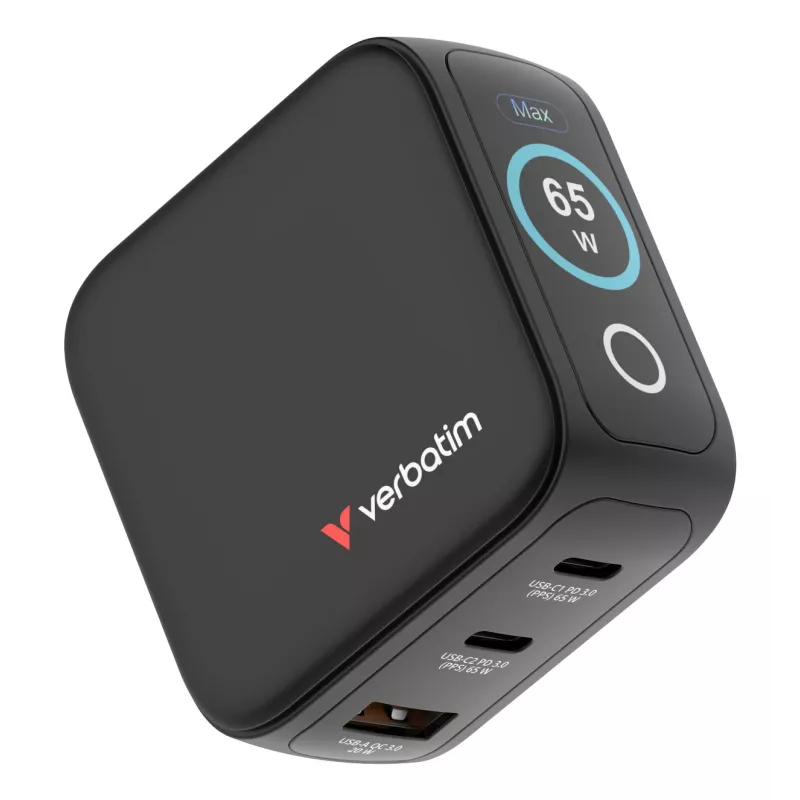 Verbatim Mini GaN laadija 65W ekraaniga, sisetingimustesse, AC, 20 V, must
