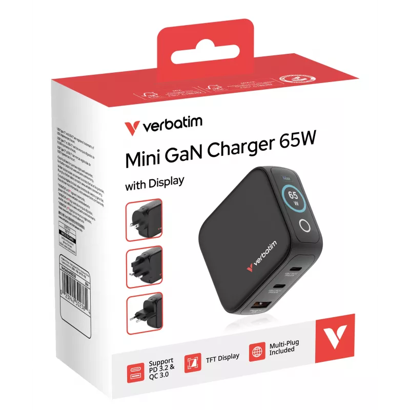Verbatim Mini GaN laadija 65W ekraaniga, sisetingimustesse, AC, 20 V, must