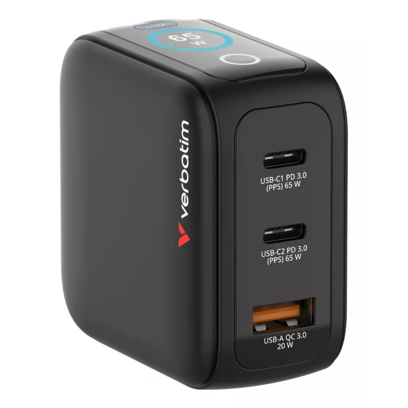 Verbatim Mini GaN laadija 65W ekraaniga, sisetingimustesse, AC, 20 V, must