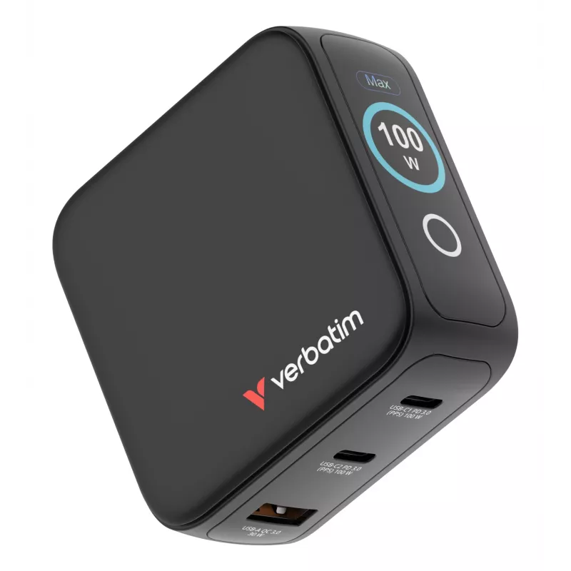 Verbatim Mini GaN laadija 100 W ekraaniga, siseruumidesse, vahelduvvool, 20 V, must