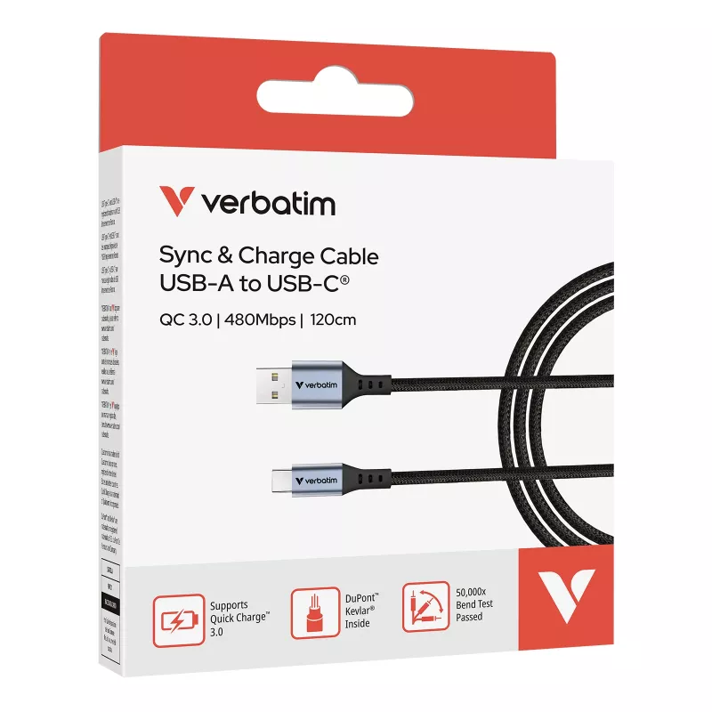 Verbatimi sünkroonimis- ja laadimiskaabel USB-A – USB-C 120 cm, 1.2 m, USB A, USB C, USB 2.0, 0.48 Gbit/s, must