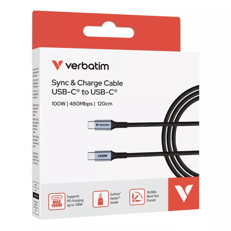 Verbatim Sync & Charge kaabel - 100W USB-C to USB-C 120 cm, 1,2 m, USB C, USB C, USB 2.0, 0,48 Gbit/s, must