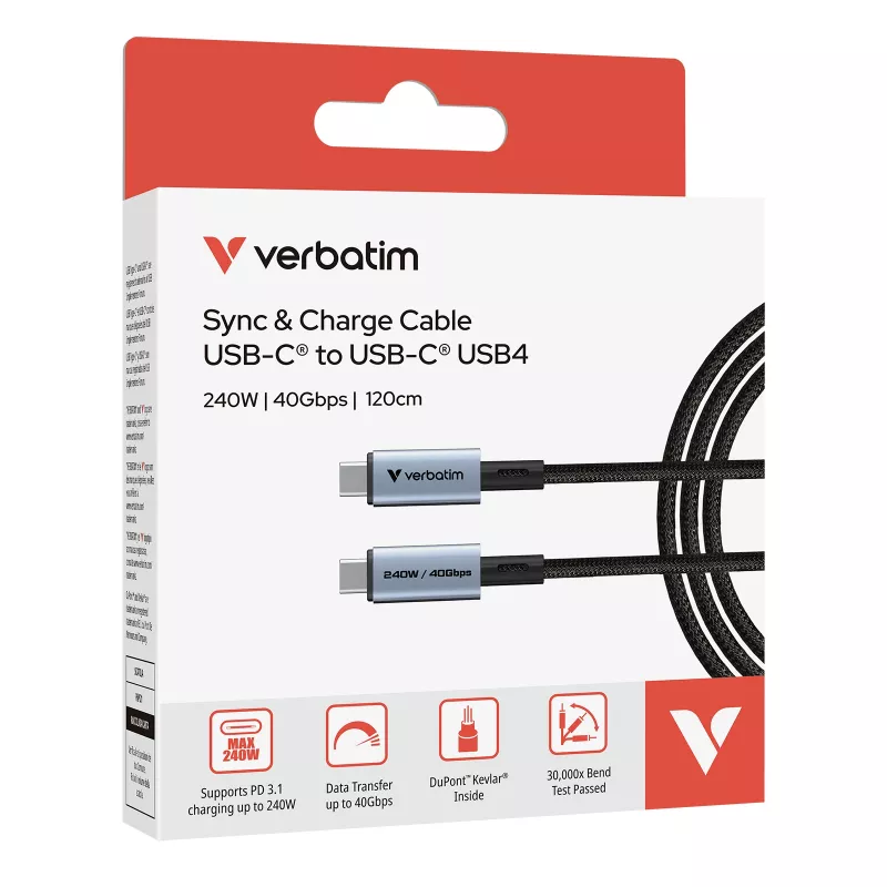 Verbatim Sync & Charge USB C to USB C 240W 40 Gbps 120 cm, 1.2 m, USB C, USB C, USB4 Gen 2x2, 40 Gbit/s, Must