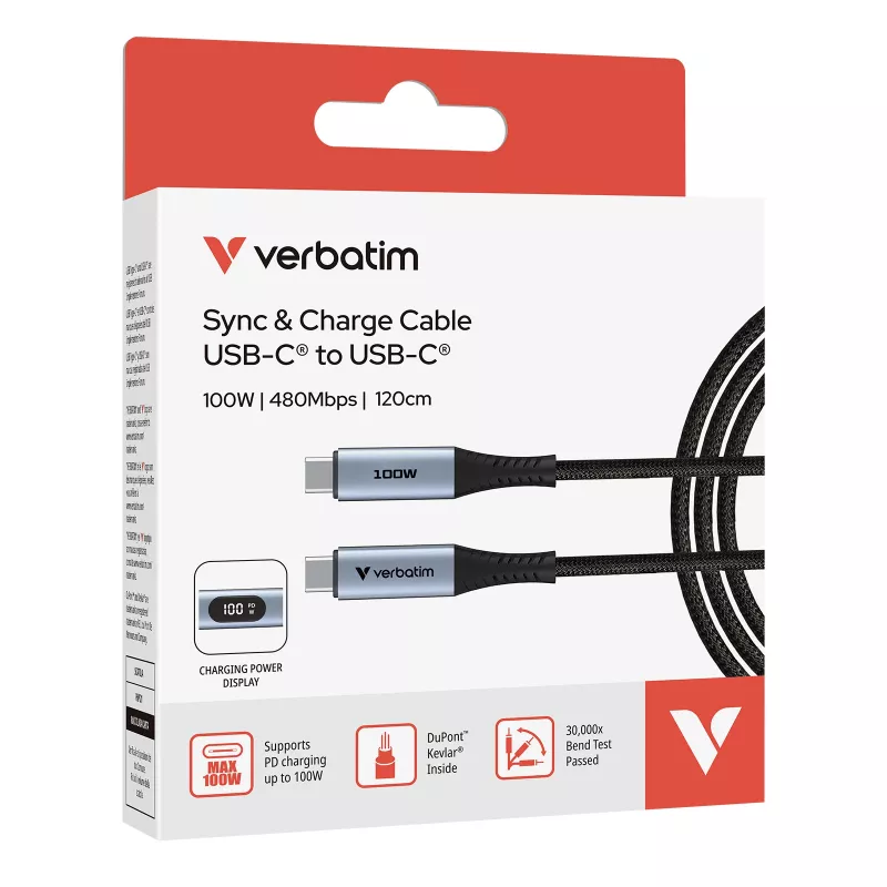 Verbatim Sync & Charge USB C to USB C 100W Display 120 cm, 1.2 m, USB C, USB C, USB 2.0, 0.48 Gbit/s, Must