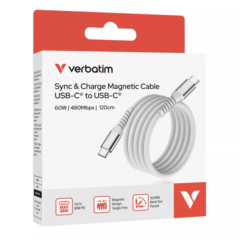 Verbatim Sync & Charge magnetkaabel – 60 W USB-C–USB-C 120 cm hall