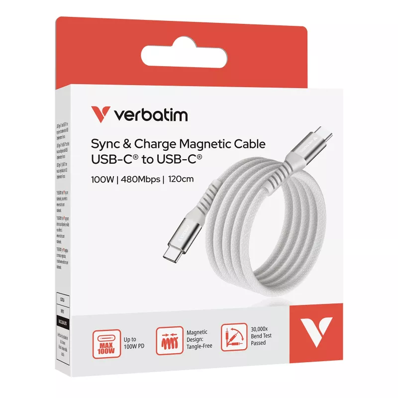 Verbatim Sync & Charge Magnetic kaabel - 100W USB-C to USB-C 120 cm hall