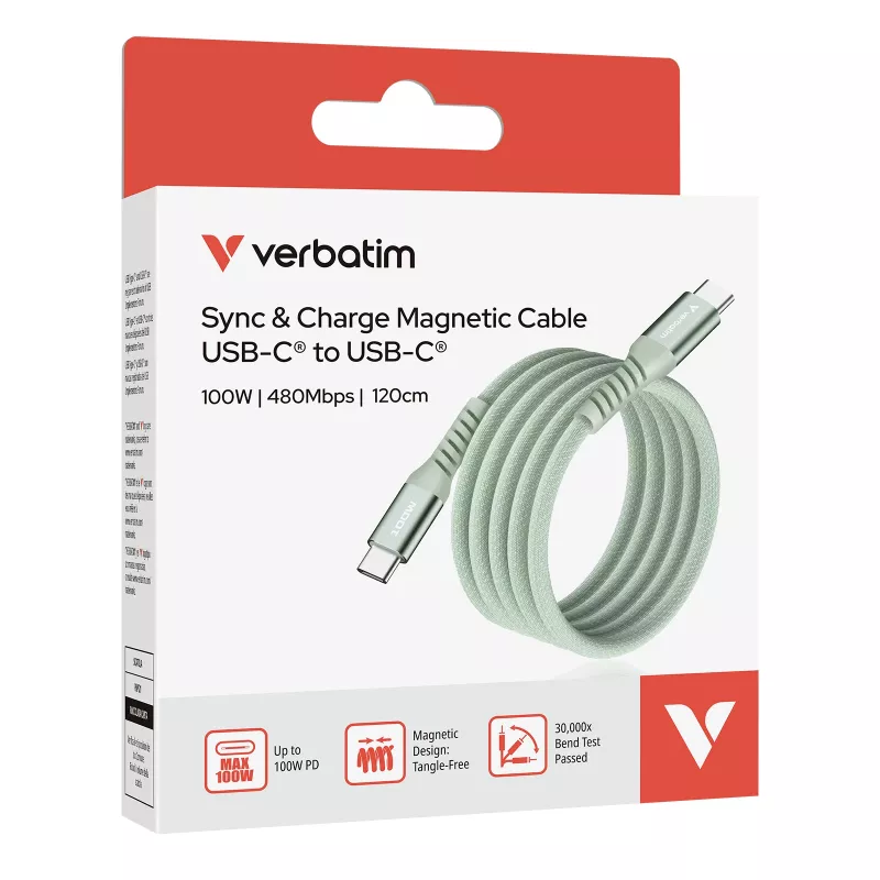 Verbatim Sync & Charge magnetkaabel - 100W USB-C kuni USB-C 120 cm roheline