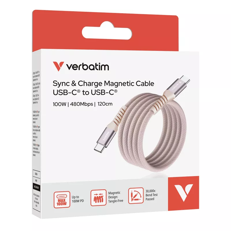 Verbatim Sync & Charge magnetkaabel - 100 W USB-C–USB-C 120 cm roosa