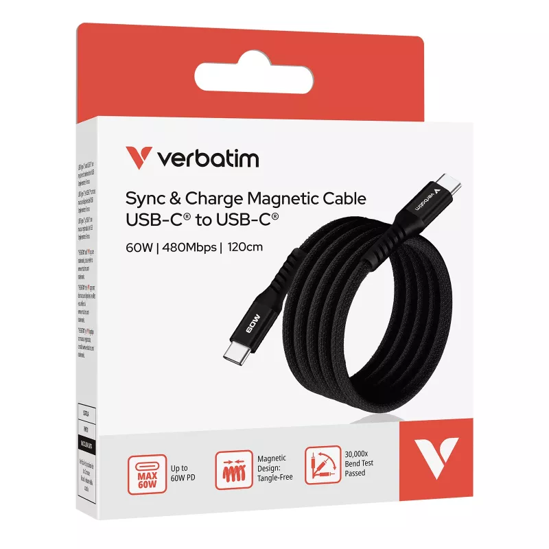 Verbatim Sync & Charge Magnetkaabel - 60W USB-C to USB-C 120 cm Must