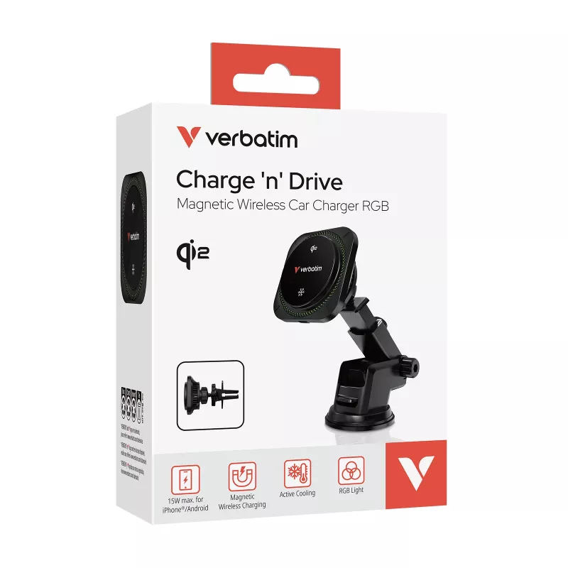 Verbatim Charge 'n' Drive Qi2 Magnetiline Juhtmevaba Autolaadija RGB