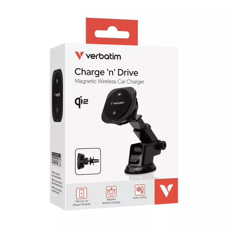 Verbatim Charge 'n' Drive Qi2 magnetiline juhtmeta autolaadija, Auto, USB, juhtmeta laadimine, 1 m, must