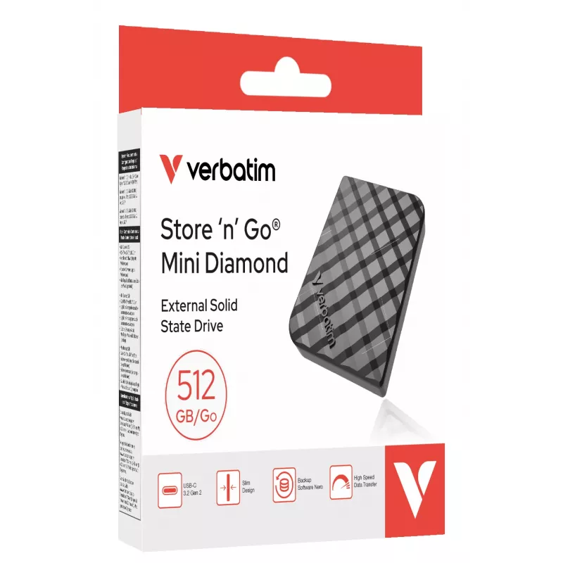 Verbatim Store 'n' Go Mini Diamond USB-C 512GB must, 512 GB, M.2, USB USB-C, 3.2 Gen 2 (3.1 Gen 2), 1000 MB/s, Must