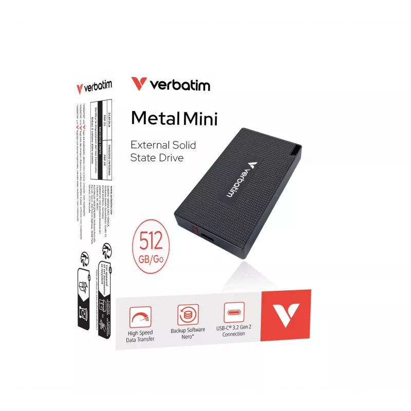 Verbatim Metal Mini SSD USB-C 3.Gen 2 512 GB, 512 GB, USB USB-C, USB 3.2 Gen 2x2, 2000 MB/s, 10 Gbit/s, Hall
