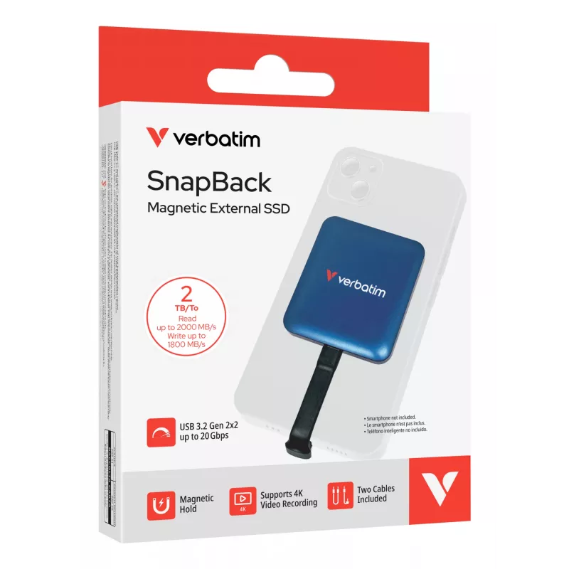 Verbatim SnapBack SSD 2TB Blue Metallic, 2 TB, USB USB-C, USB 3.2 Gen 2x2, 2000 MB/s, 20 Gbit/s, sinine