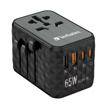 Verbatim UTA-05 65W GaN III universaalne reisiadapter 2 x USB-C PD & QC 4+ ja 2 x USB-A pordiga