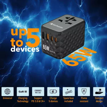 Verbatim UTA-05 65W GaN III universaalne reisiadapter 2 x USB-C PD & QC 4+ ja 2 x USB-A pordiga