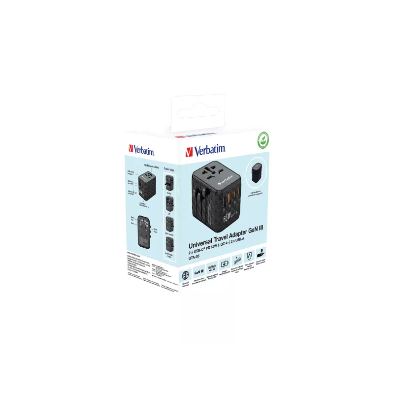 Verbatim UTA-05 65W GaN III universaalne reisiadapter 2 x USB-C PD & QC 4+ ja 2 x USB-A pordiga