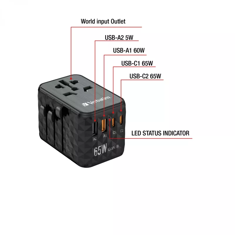 Verbatim UTA-05 65W GaN III universaalne reisiadapter 2 x USB-C PD & QC 4+ ja 2 x USB-A pordiga