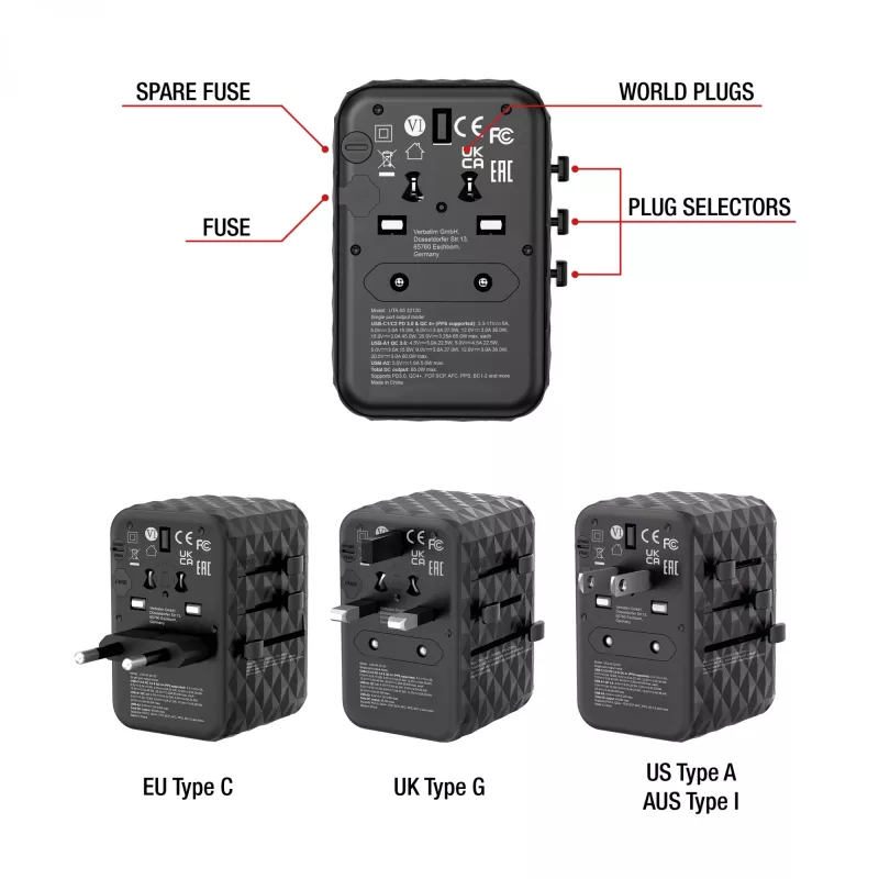 Verbatim UTA-05 65W GaN III universaalne reisiadapter 2 x USB-C PD & QC 4+ ja 2 x USB-A pordiga