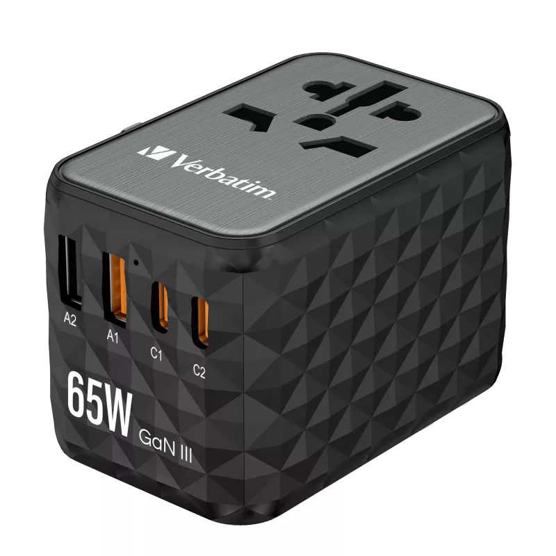 Verbatim UTA-05 65W GaN III universaalne reisiadapter 2 x USB-C PD & QC 4+ ja 2 x USB-A pordiga