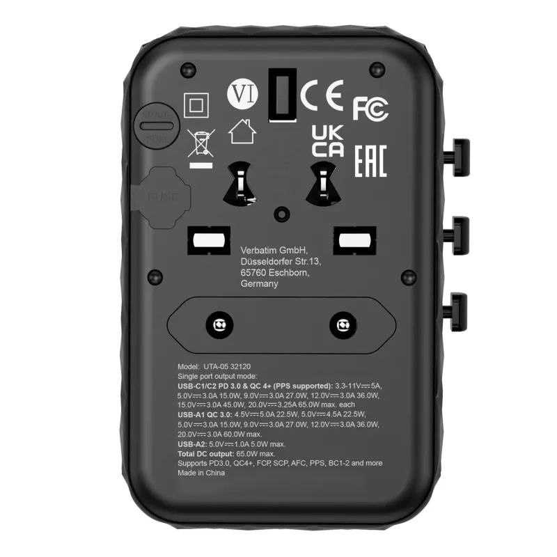 Verbatim UTA-05 65W GaN III universaalne reisiadapter 2 x USB-C PD & QC 4+ ja 2 x USB-A pordiga