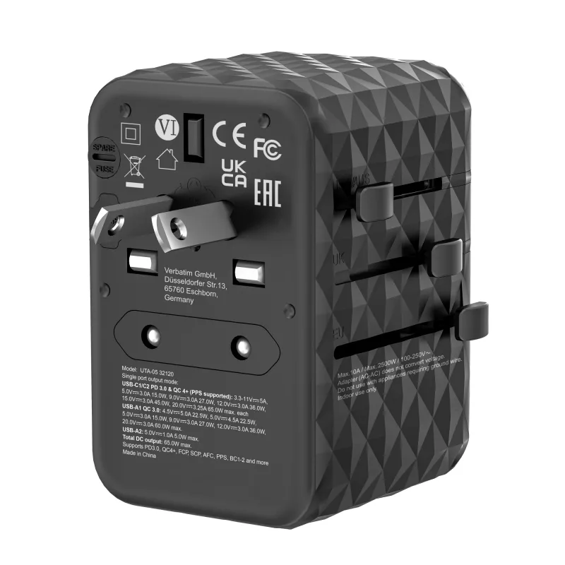 Verbatim UTA-05 65W GaN III universaalne reisiadapter 2 x USB-C PD & QC 4+ ja 2 x USB-A pordiga