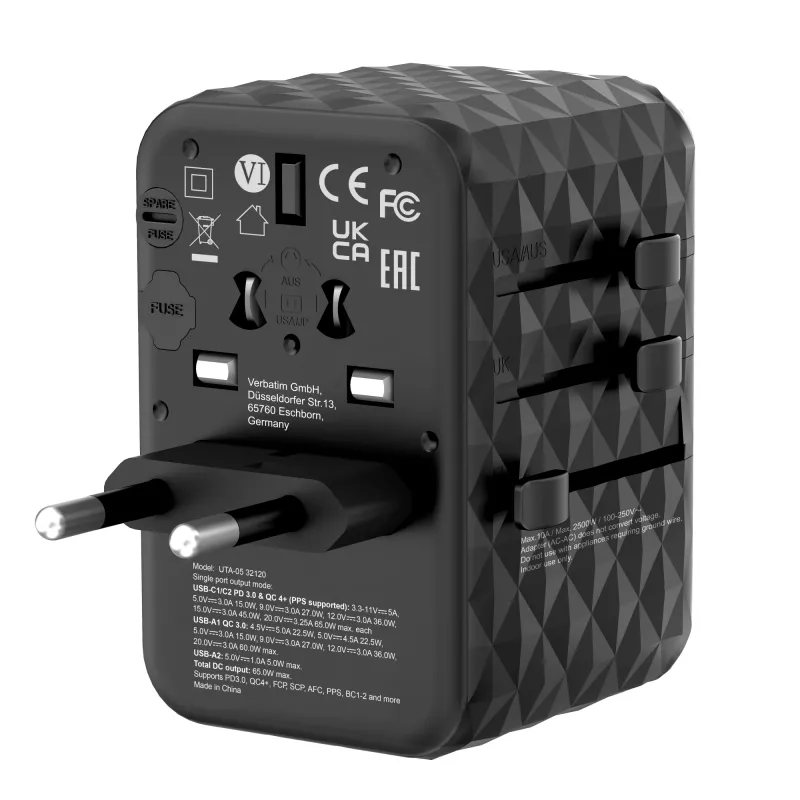 Verbatim UTA-05 65W GaN III universaalne reisiadapter 2 x USB-C PD & QC 4+ ja 2 x USB-A pordiga