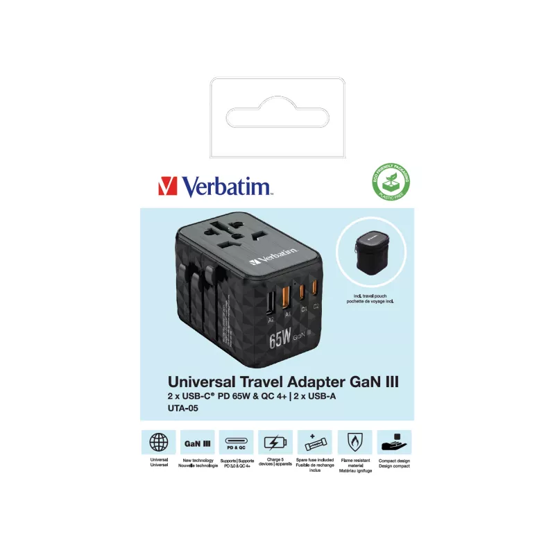 Verbatim UTA-05 65W GaN III universaalne reisiadapter 2 x USB-C PD & QC 4+ ja 2 x USB-A pordiga