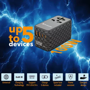 Verbatim UTA-06 100W GaN III universaalne reisiadapter 2 x USB-C PD & QC 4+ ja 2 x USB-A QC 3.0 pordiga
