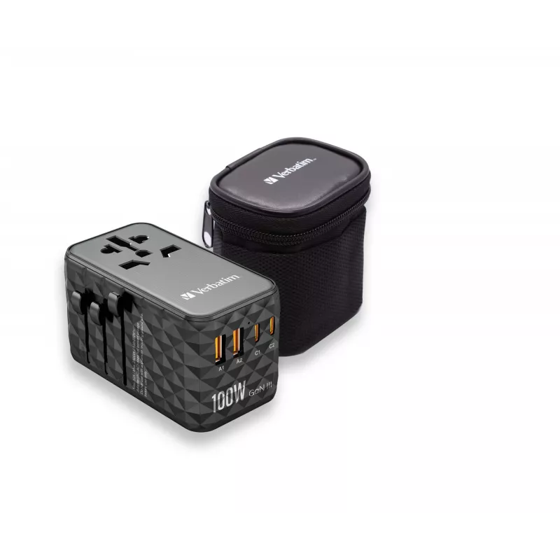 Verbatim UTA-06 100W GaN III universaalne reisiadapter 2 x USB-C PD & QC 4+ ja 2 x USB-A QC 3.0 pordiga