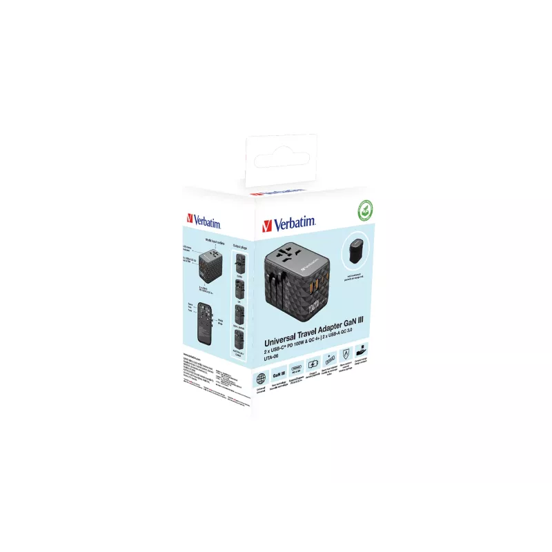 Verbatim UTA-06 100W GaN III universaalne reisiadapter 2 x USB-C PD & QC 4+ ja 2 x USB-A QC 3.0 pordiga