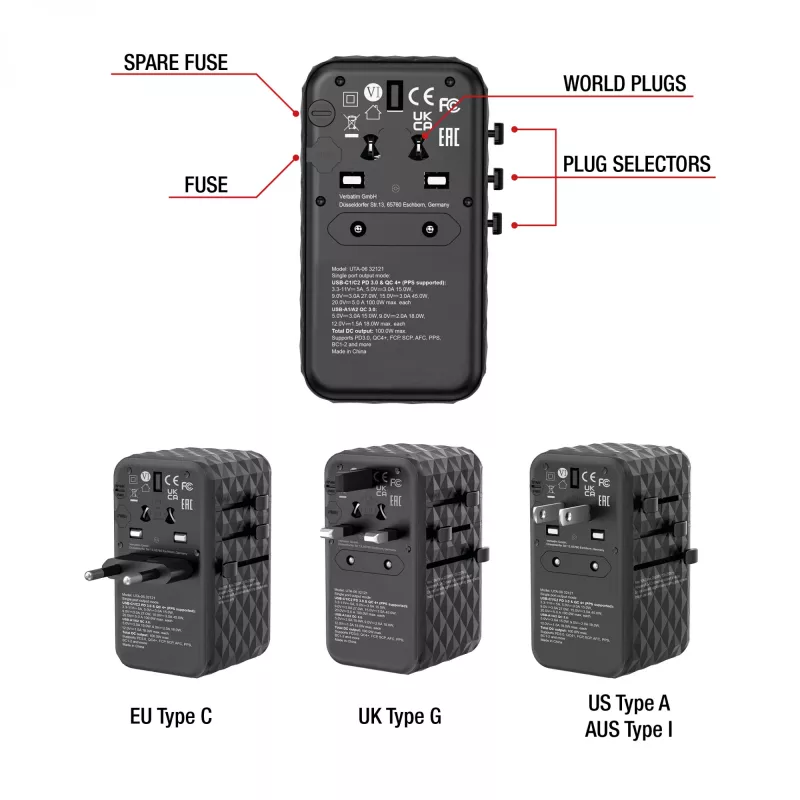 Verbatim UTA-06 100W GaN III universaalne reisiadapter 2 x USB-C PD & QC 4+ ja 2 x USB-A QC 3.0 pordiga