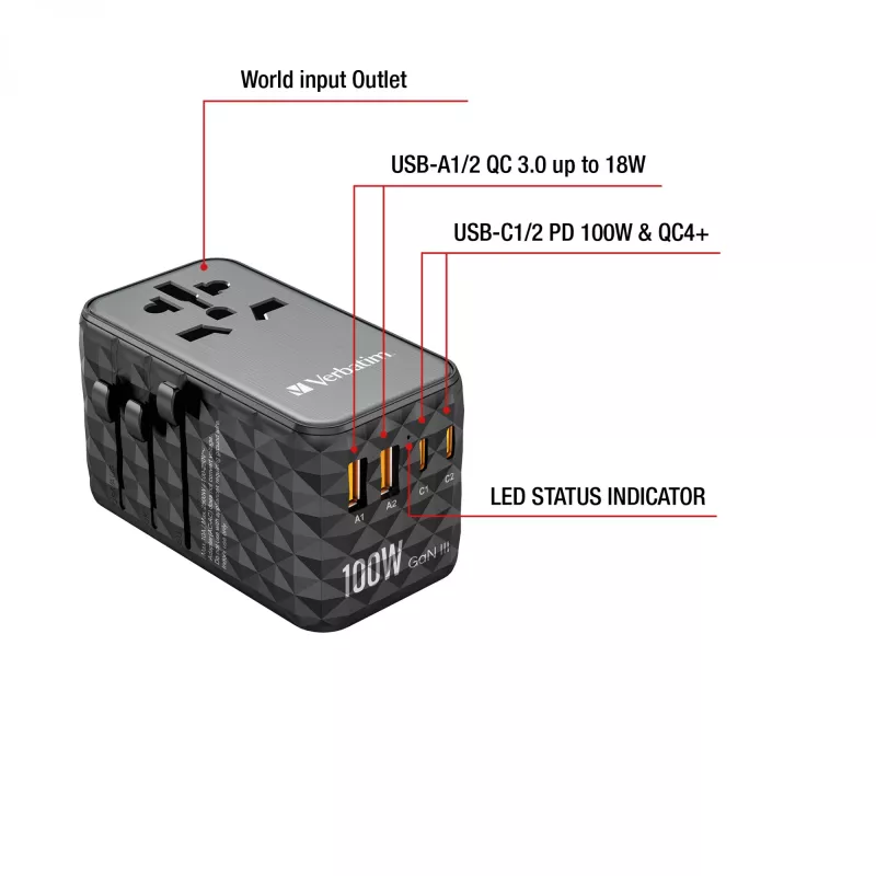 Verbatim UTA-06 100W GaN III universaalne reisiadapter 2 x USB-C PD & QC 4+ ja 2 x USB-A QC 3.0 pordiga