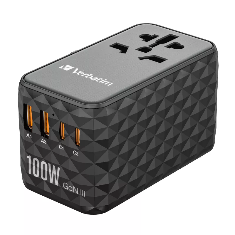 Verbatim UTA-06 100W GaN III universaalne reisiadapter 2 x USB-C PD & QC 4+ ja 2 x USB-A QC 3.0 pordiga
