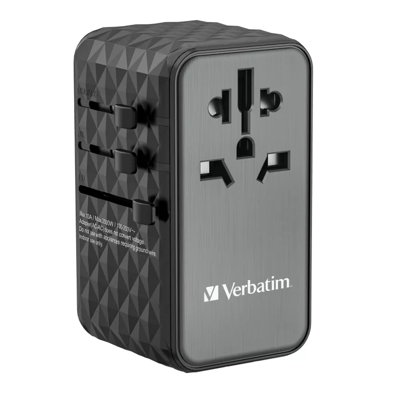 Verbatim UTA-06 100W GaN III universaalne reisiadapter 2 x USB-C PD & QC 4+ ja 2 x USB-A QC 3.0 pordiga