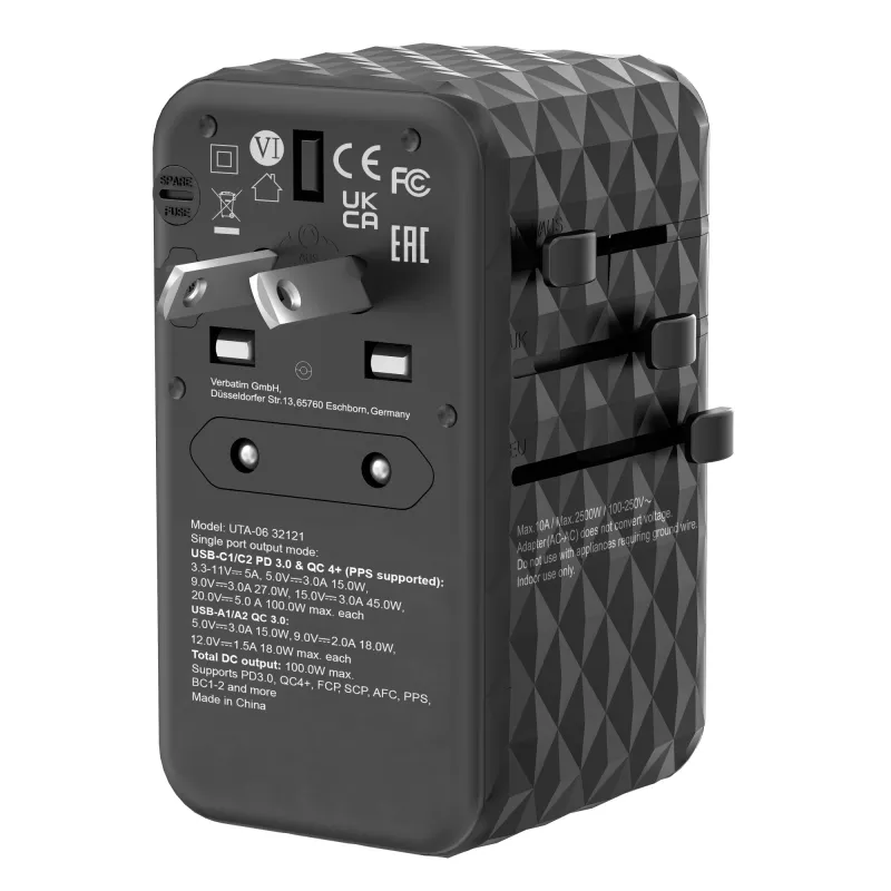 Verbatim UTA-06 100W GaN III universaalne reisiadapter 2 x USB-C PD & QC 4+ ja 2 x USB-A QC 3.0 pordiga